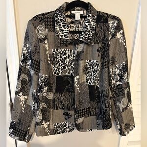 Dressbarn Large Black White and Gray Patchwork Zip up Blazer